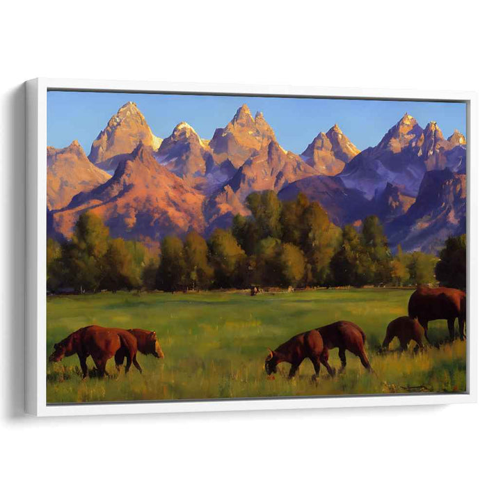 Majestic Peaks and Grazing Cattle: A Luminous Landscape Canvas Art