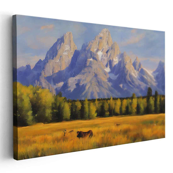 Meadow's Tranquility: Serene Landscape with Grazing Deer Canvas Art Print