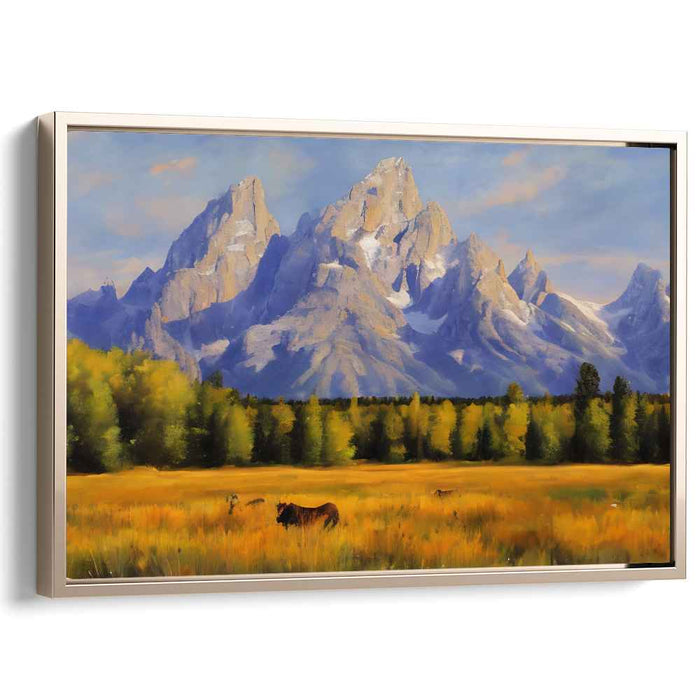 Meadow's Tranquility: Serene Landscape with Grazing Deer Canvas Art Print