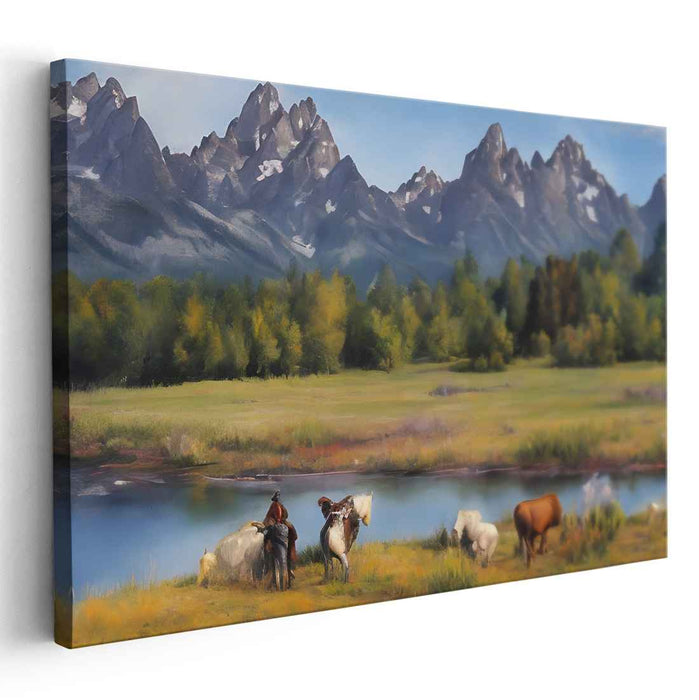 Tranquil Cowboy: Majestic Mountain Landscape with Horses