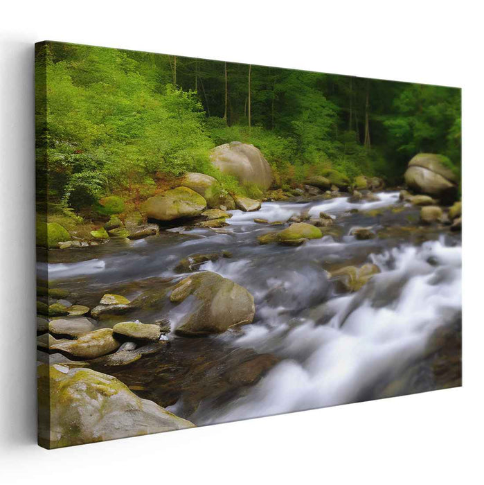 Tranquil Woodscape Reverie: Realistic River and Forest Landscape Canvas Art Print