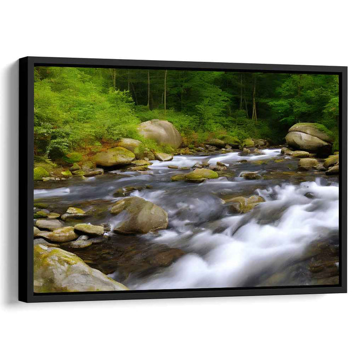 Tranquil Woodscape Reverie: Realistic River and Forest Landscape Canvas Art Print