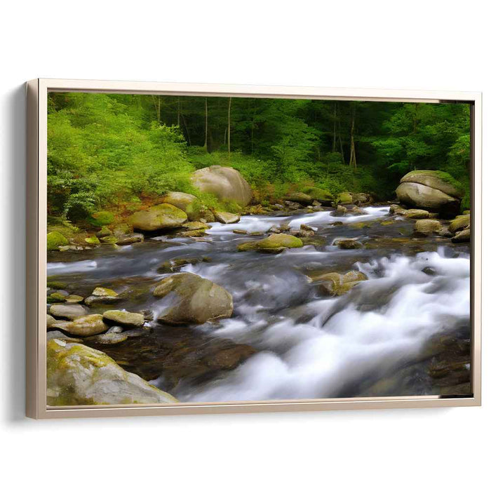 Tranquil Woodscape Reverie: Realistic River and Forest Landscape Canvas Art Print