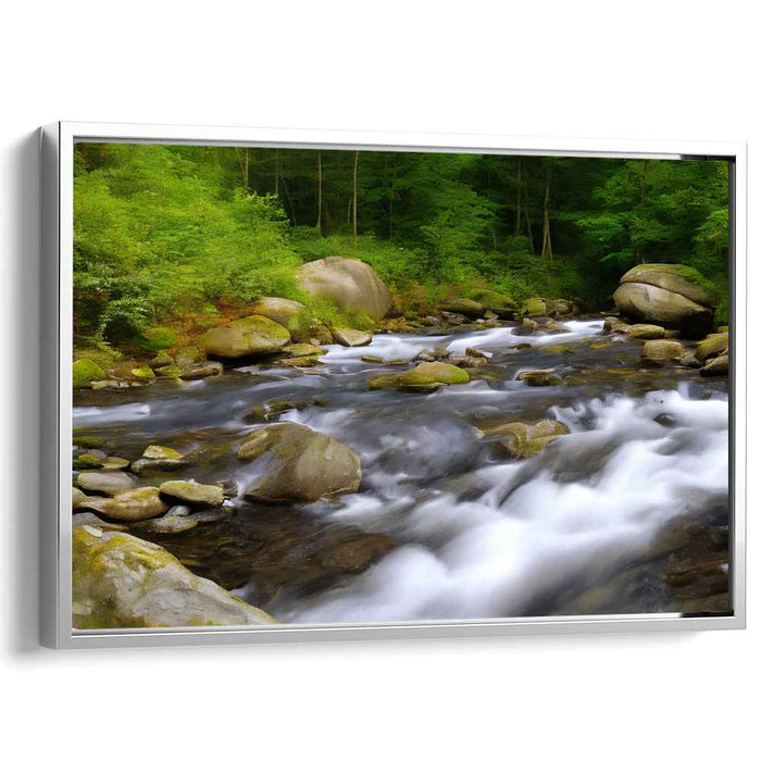 Tranquil Woodscape Reverie: Realistic River and Forest Landscape Canvas Art Print