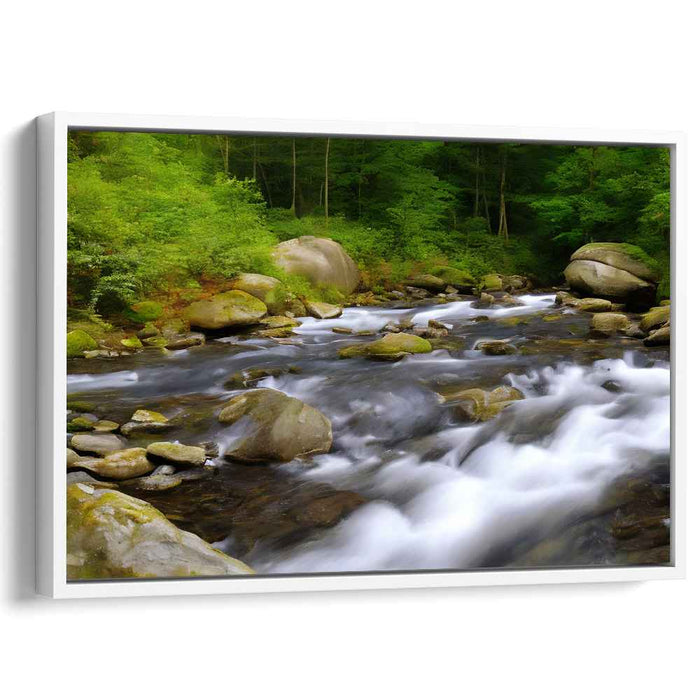 Tranquil Woodscape Reverie: Realistic River and Forest Landscape Canvas Art Print