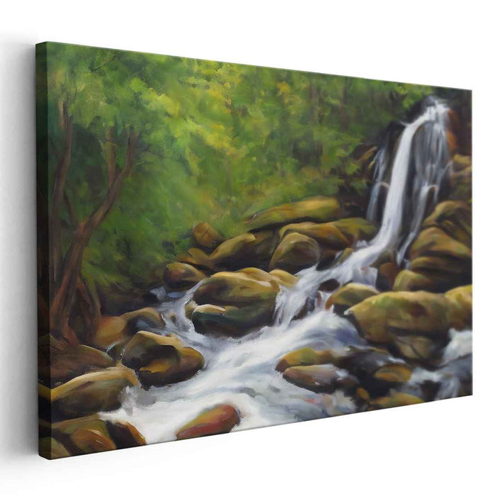 Enchanted Grove Serenity: Tranquil Forest Waterfall Canvas Art Print