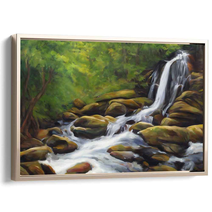 Enchanted Grove Serenity: Tranquil Forest Waterfall Canvas Art Print