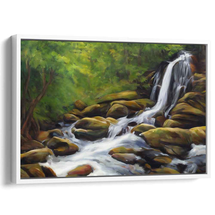 Enchanted Grove Serenity: Tranquil Forest Waterfall Canvas Art Print