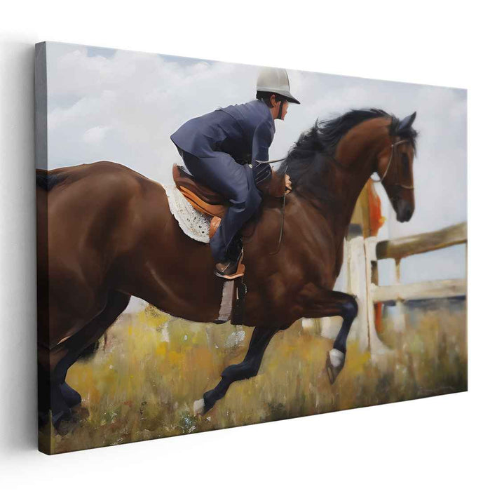 Equestrian Dance Across Fields: Dynamic Horse and Rider in Field Canvas Art