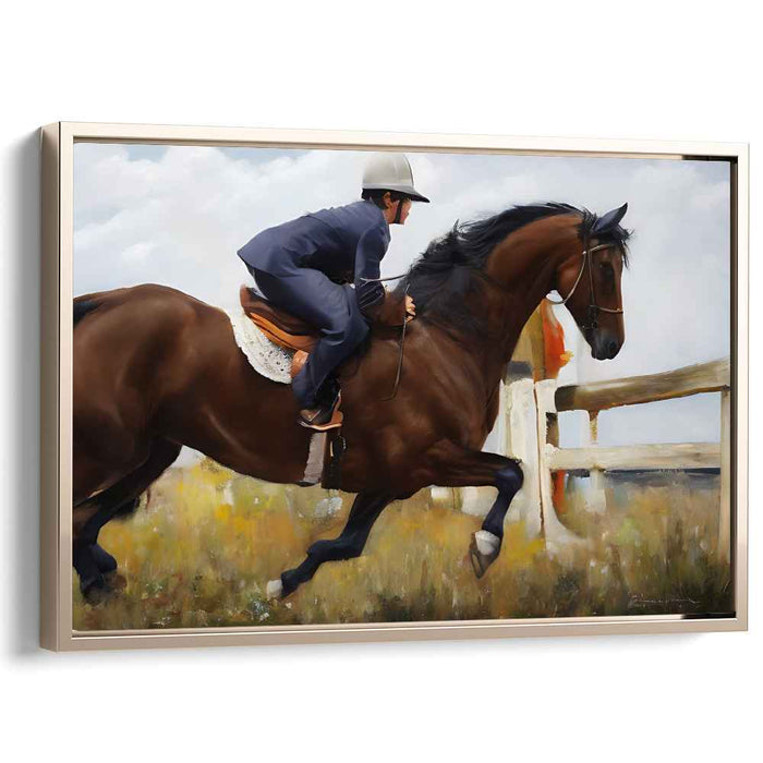 Equestrian Dance Across Fields: Dynamic Horse and Rider in Field Canvas Art