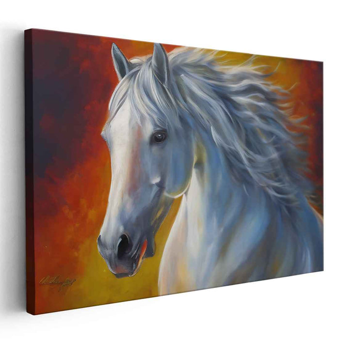 Ethereal Blaze Galloper: Dynamic White Horse on Fiery Orange Canvas Art Print