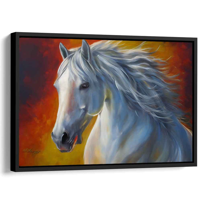 Ethereal Blaze Galloper: Dynamic White Horse on Fiery Orange Canvas Art Print