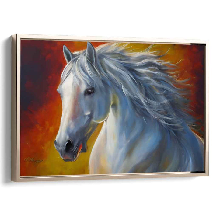 Ethereal Blaze Galloper: Dynamic White Horse on Fiery Orange Canvas Art Print