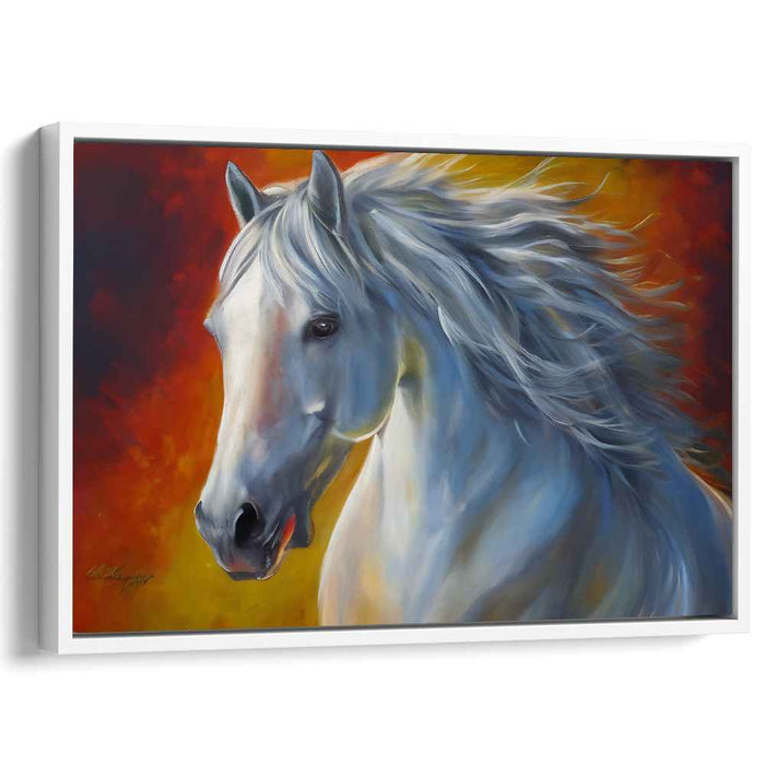 Ethereal Blaze Galloper: Dynamic White Horse on Fiery Orange Canvas Art Print