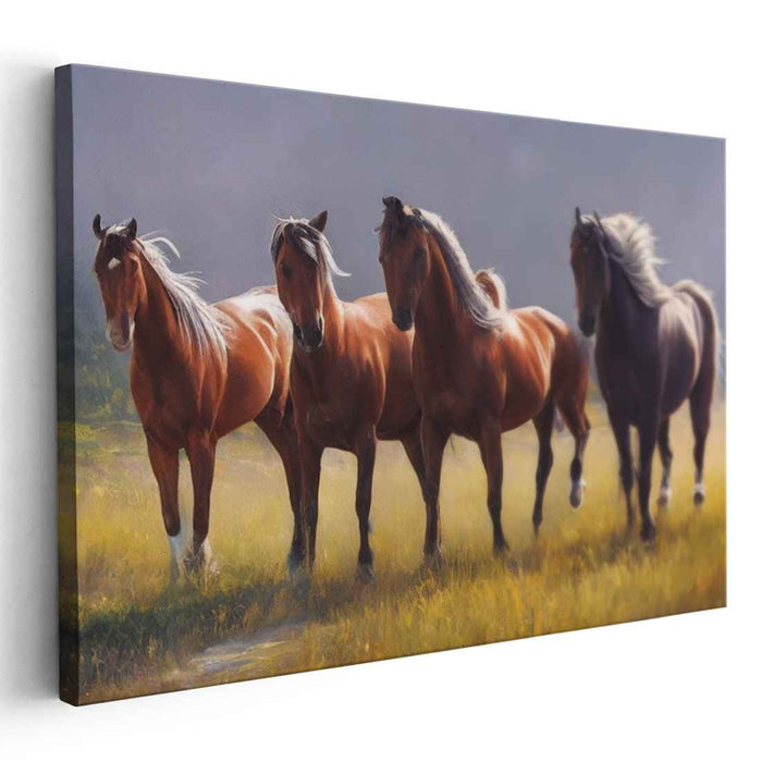 Majestic Trot: Graceful Equine Quartet in the Meadow Canvas Art Print