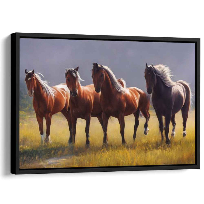 Majestic Trot: Graceful Equine Quartet in the Meadow Canvas Art Print