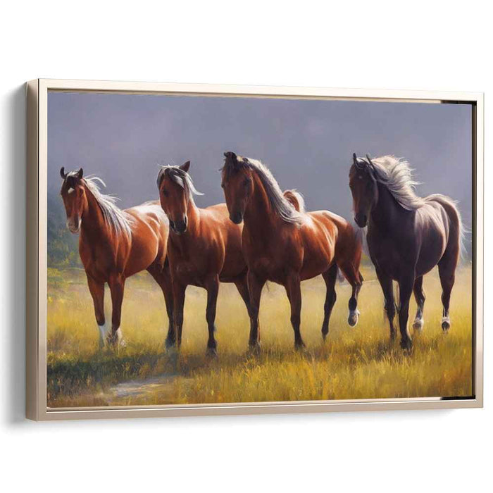 Majestic Trot: Graceful Equine Quartet in the Meadow Canvas Art Print