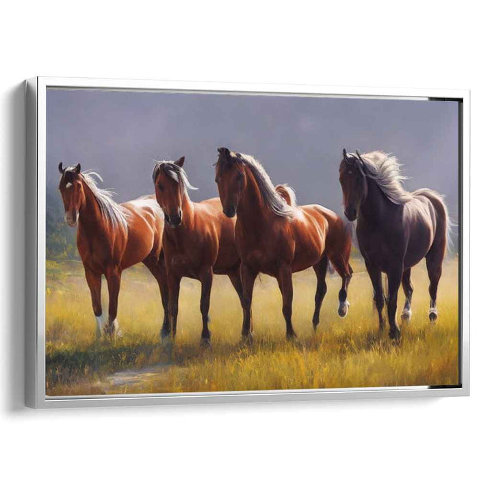 Majestic Trot: Graceful Equine Quartet in the Meadow Canvas Art Print