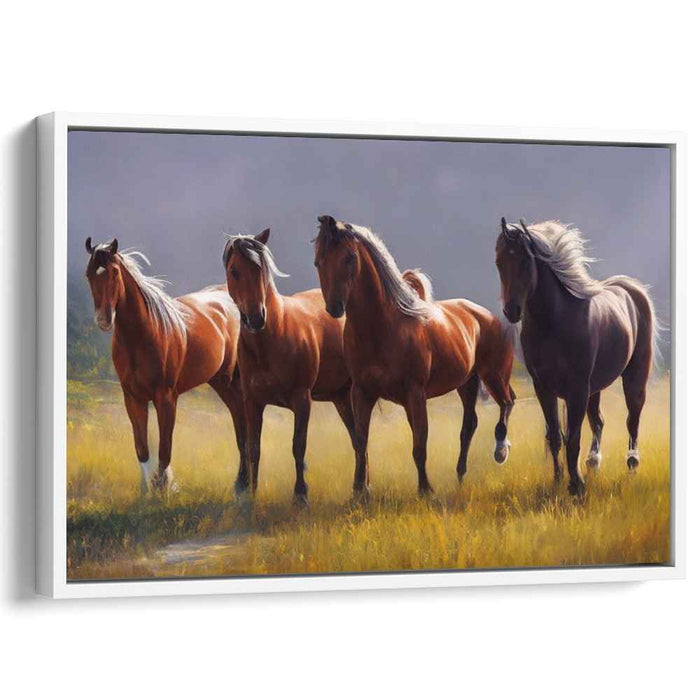 Majestic Trot: Graceful Equine Quartet in the Meadow Canvas Art Print