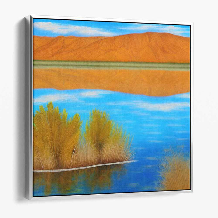 Tranquil Desert Oasis: Serene Blue Waters and Golden Sands Canvas Art Print