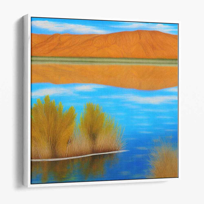 Tranquil Desert Oasis: Serene Blue Waters and Golden Sands Canvas Art Print