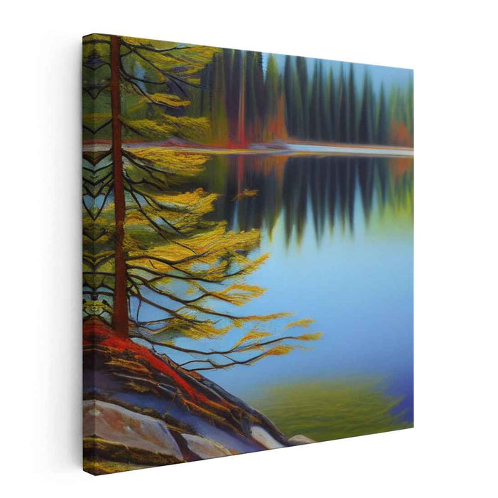 Tranquil Lakeside Reverie: Serene Autumn Landscape Canvas Art