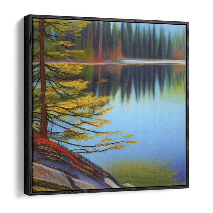 Tranquil Lakeside Reverie: Serene Autumn Landscape Canvas Art