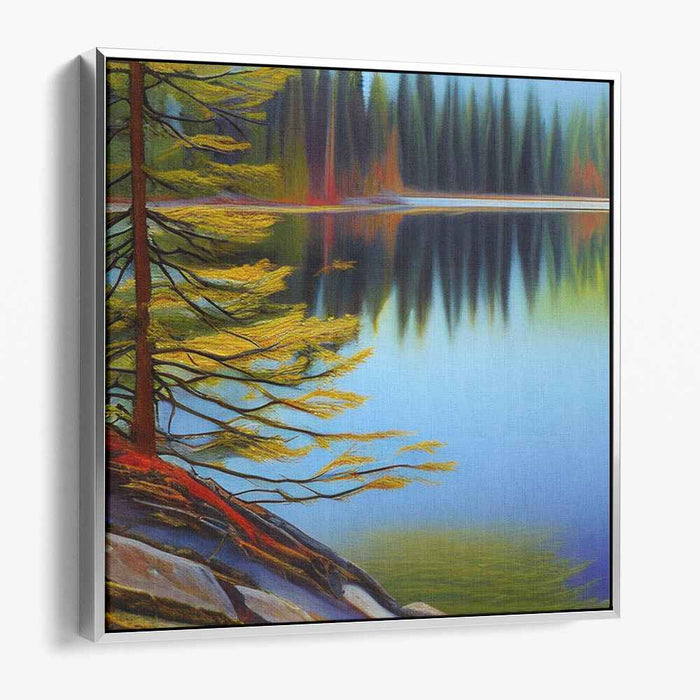 Tranquil Lakeside Reverie: Serene Autumn Landscape Canvas Art