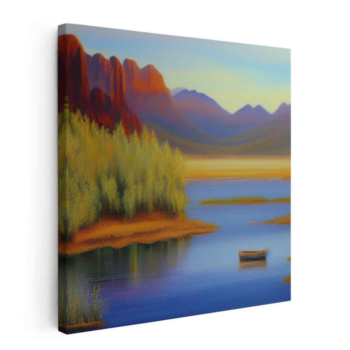 Solitude Shoreline Serenity: Tranquil Lakeside Landscape with Solitary Boat