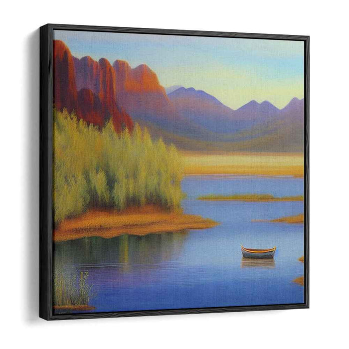 Solitude Shoreline Serenity: Tranquil Lakeside Landscape with Solitary Boat