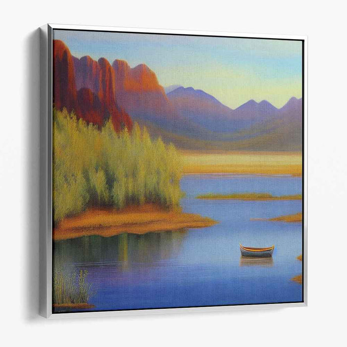 Solitude Shoreline Serenity: Tranquil Lakeside Landscape with Solitary Boat