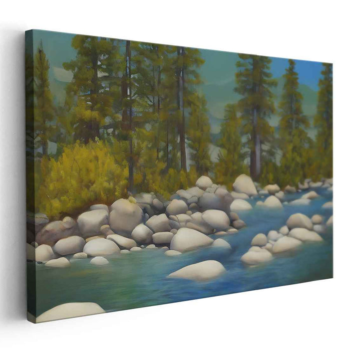 Pinevale's Flow: Serene Landscape with Towering Pines and Gentle River