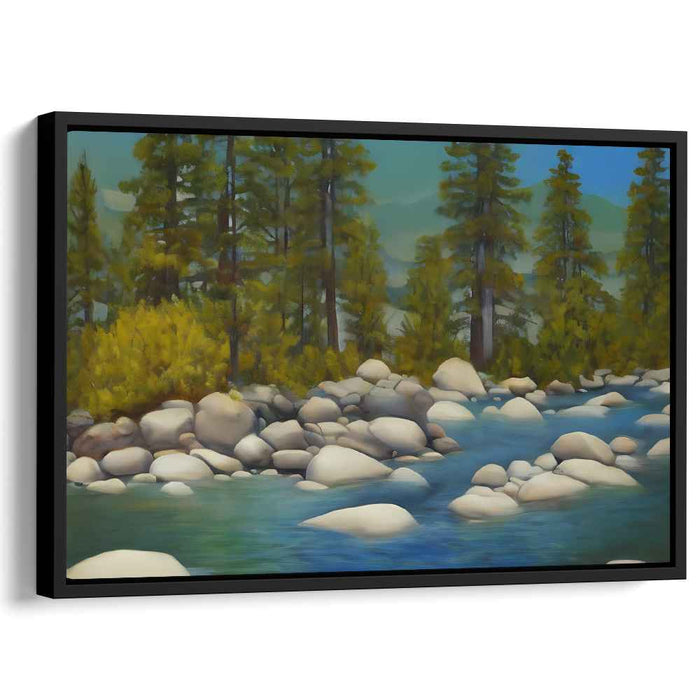 Pinevale's Flow: Serene Landscape with Towering Pines and Gentle River