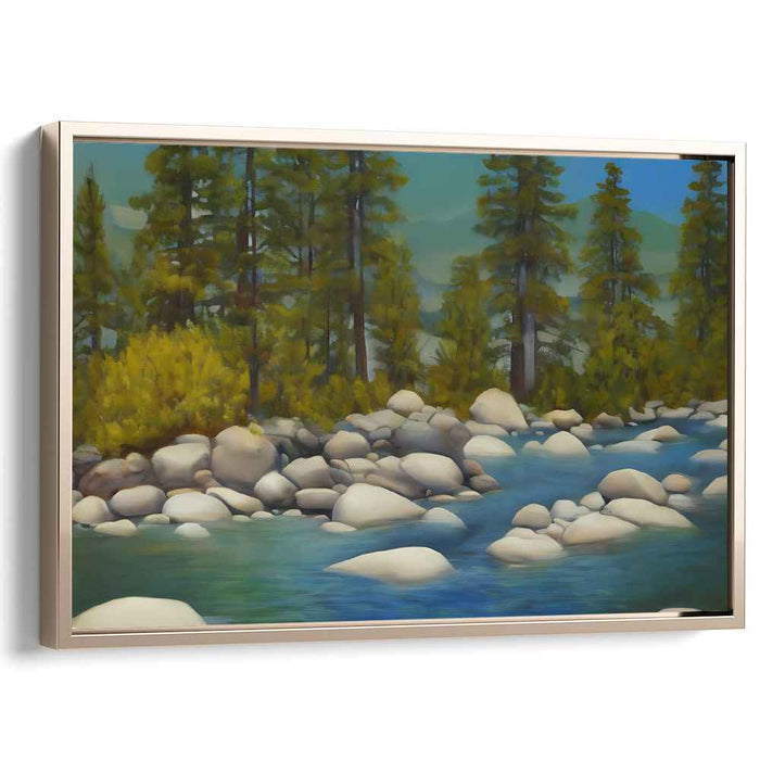 Pinevale's Flow: Serene Landscape with Towering Pines and Gentle River