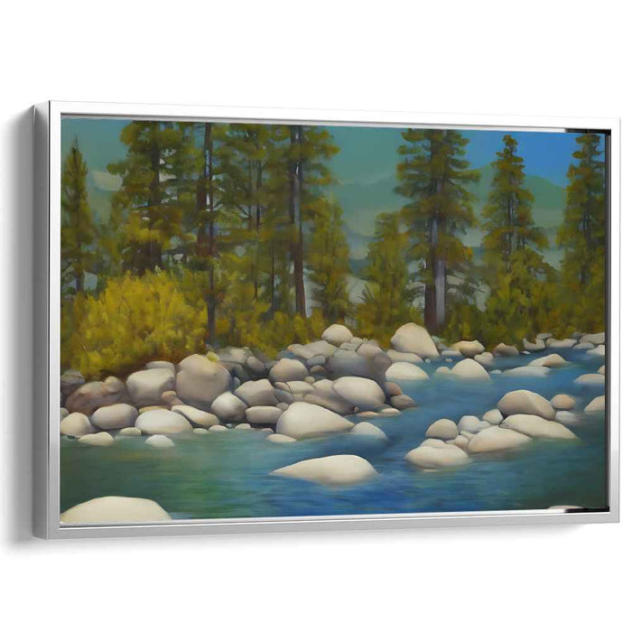 Pinevale's Flow: Serene Landscape with Towering Pines and Gentle River