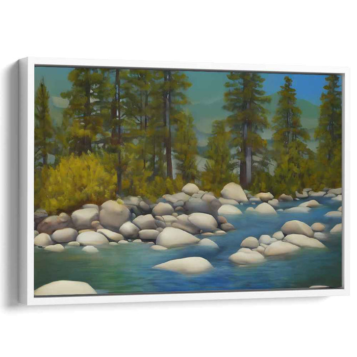 Pinevale's Flow: Serene Landscape with Towering Pines and Gentle River