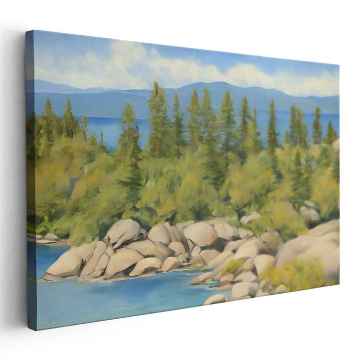 Serenity By The Lake: Serene Lakeside Landscape Canvas Art Print