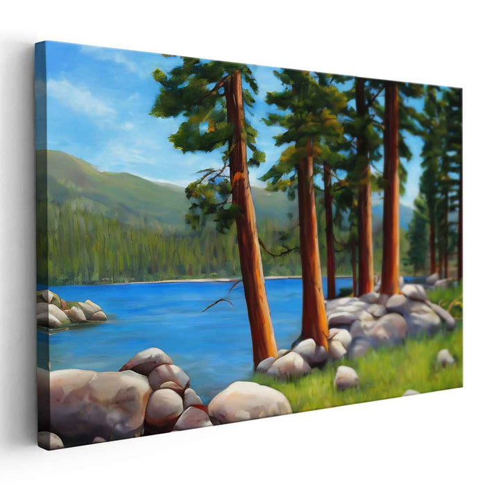 Serene Lakeside Pines: Tranquil Nature Landscape Canvas Art Print