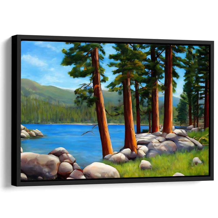 Serene Lakeside Pines: Tranquil Nature Landscape Canvas Art Print