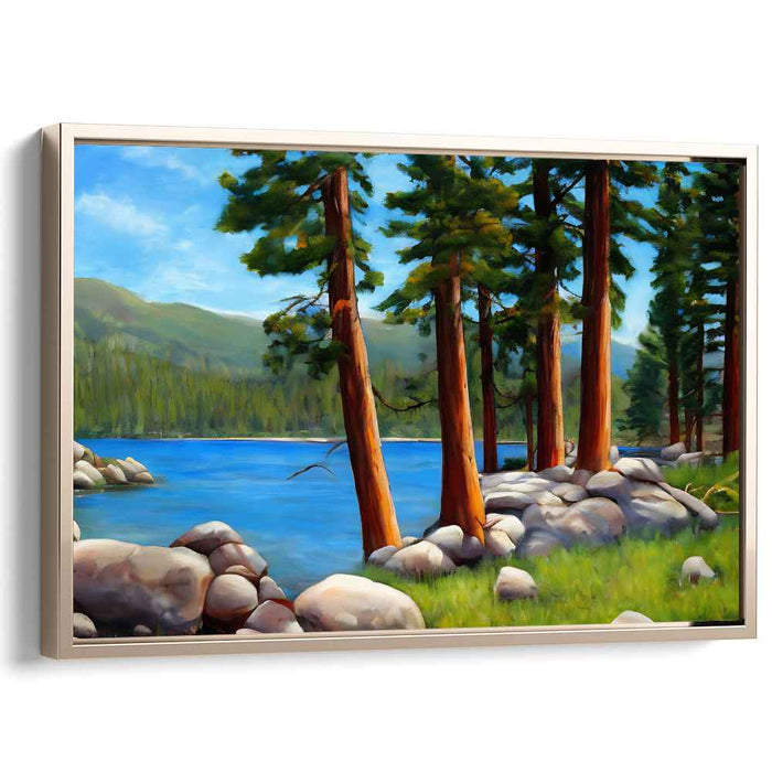 Serene Lakeside Pines: Tranquil Nature Landscape Canvas Art Print