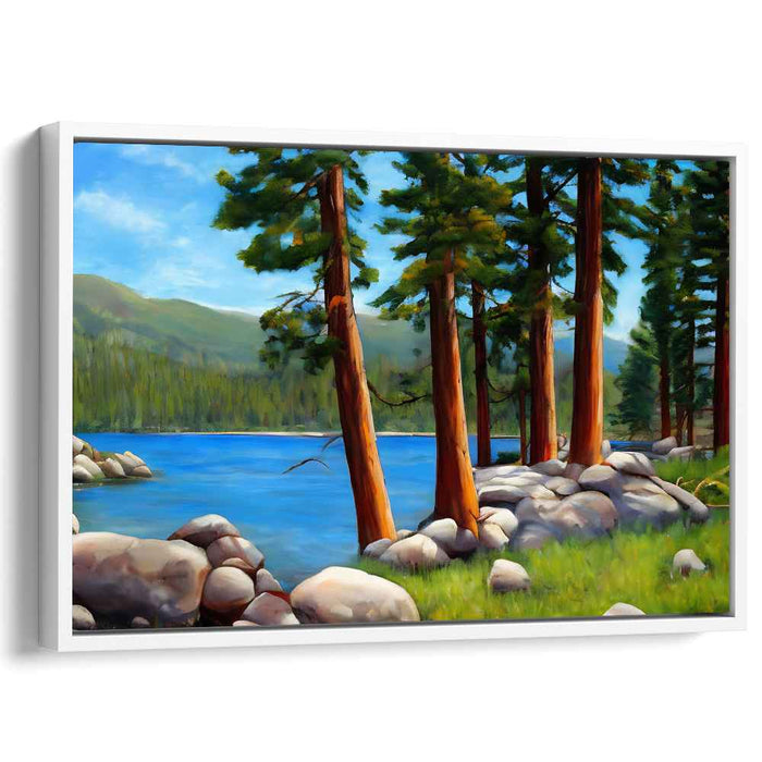 Serene Lakeside Pines: Tranquil Nature Landscape Canvas Art Print