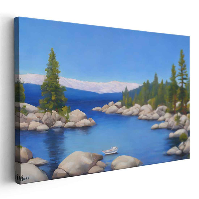 Tranquil Waterside Voyage: Serene Lakeside Landscape with Floating Boat