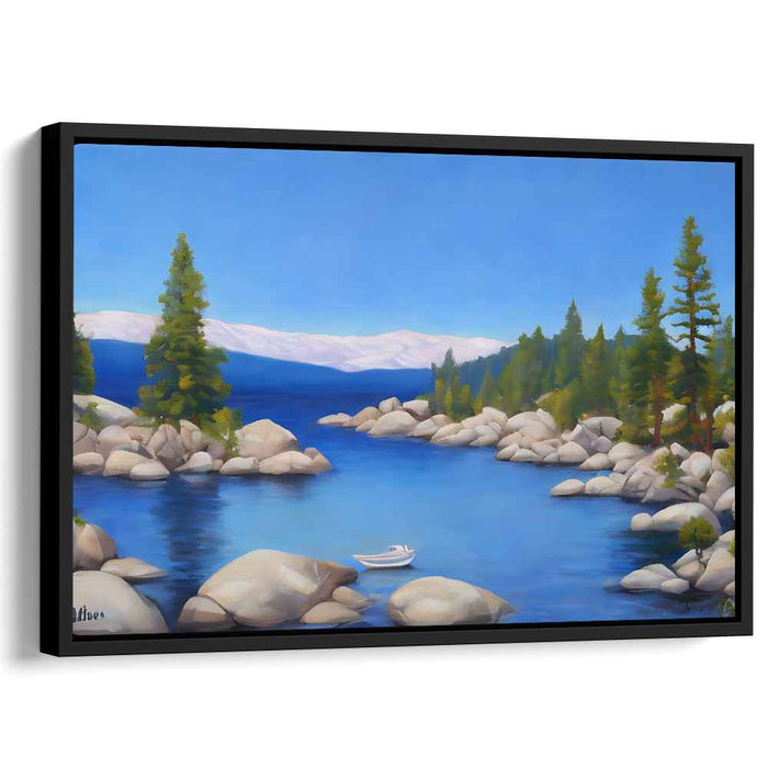 Tranquil Waterside Voyage: Serene Lakeside Landscape with Floating Boat