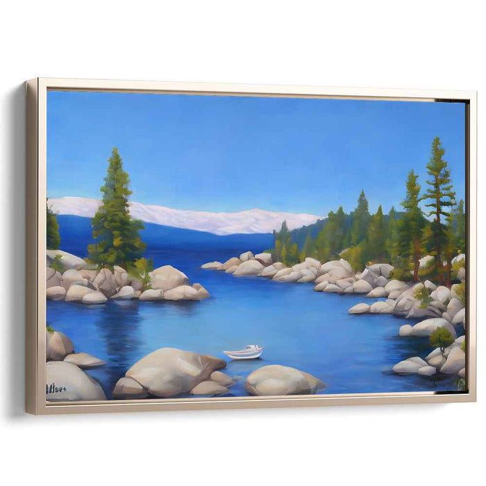 Tranquil Waterside Voyage: Serene Lakeside Landscape with Floating Boat