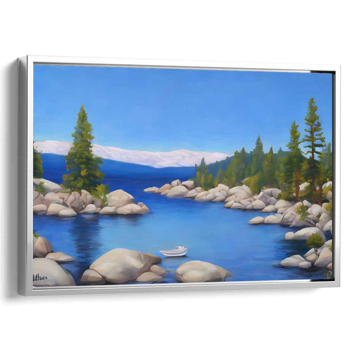 Tranquil Waterside Voyage: Serene Lakeside Landscape with Floating Boat