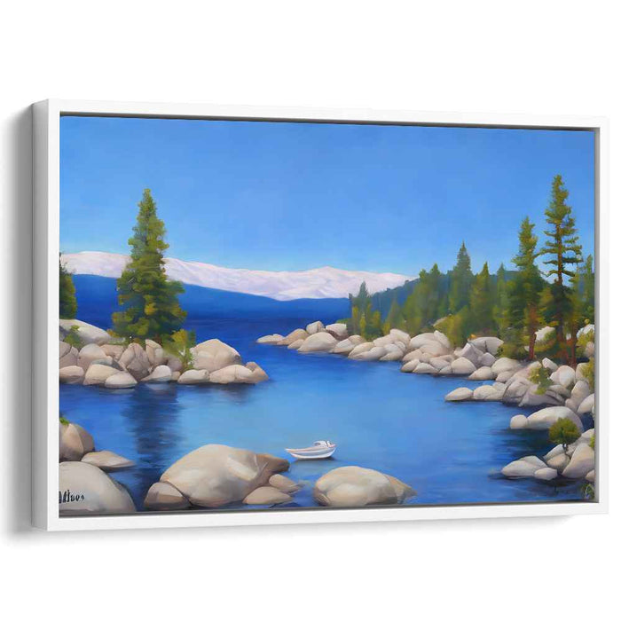 Tranquil Waterside Voyage: Serene Lakeside Landscape with Floating Boat