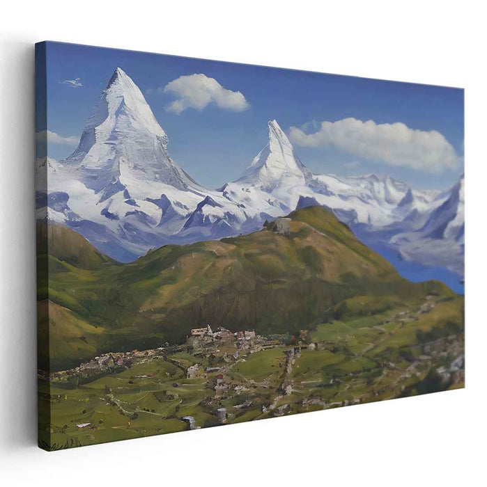 Misty Mountain Hamlet: Realistic Alpine Village Landscape Canvas Art