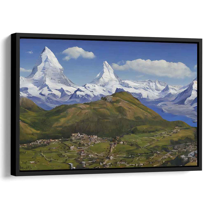 Misty Mountain Hamlet: Realistic Alpine Village Landscape Canvas Art