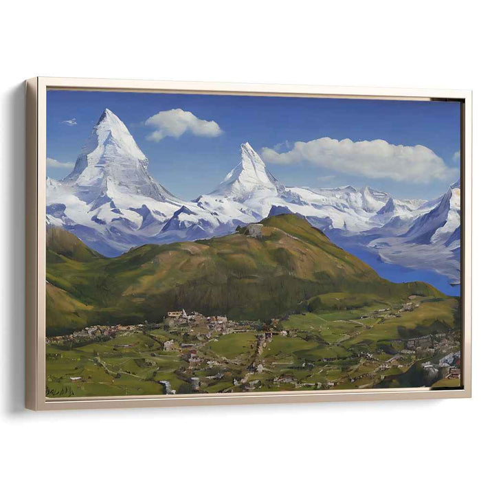 Misty Mountain Hamlet: Realistic Alpine Village Landscape Canvas Art