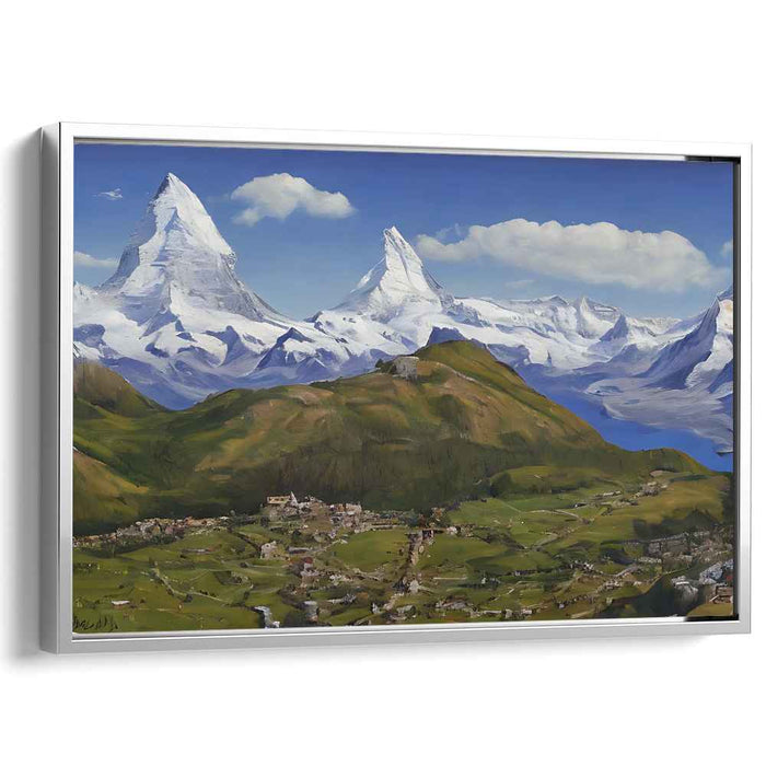 Misty Mountain Hamlet: Realistic Alpine Village Landscape Canvas Art